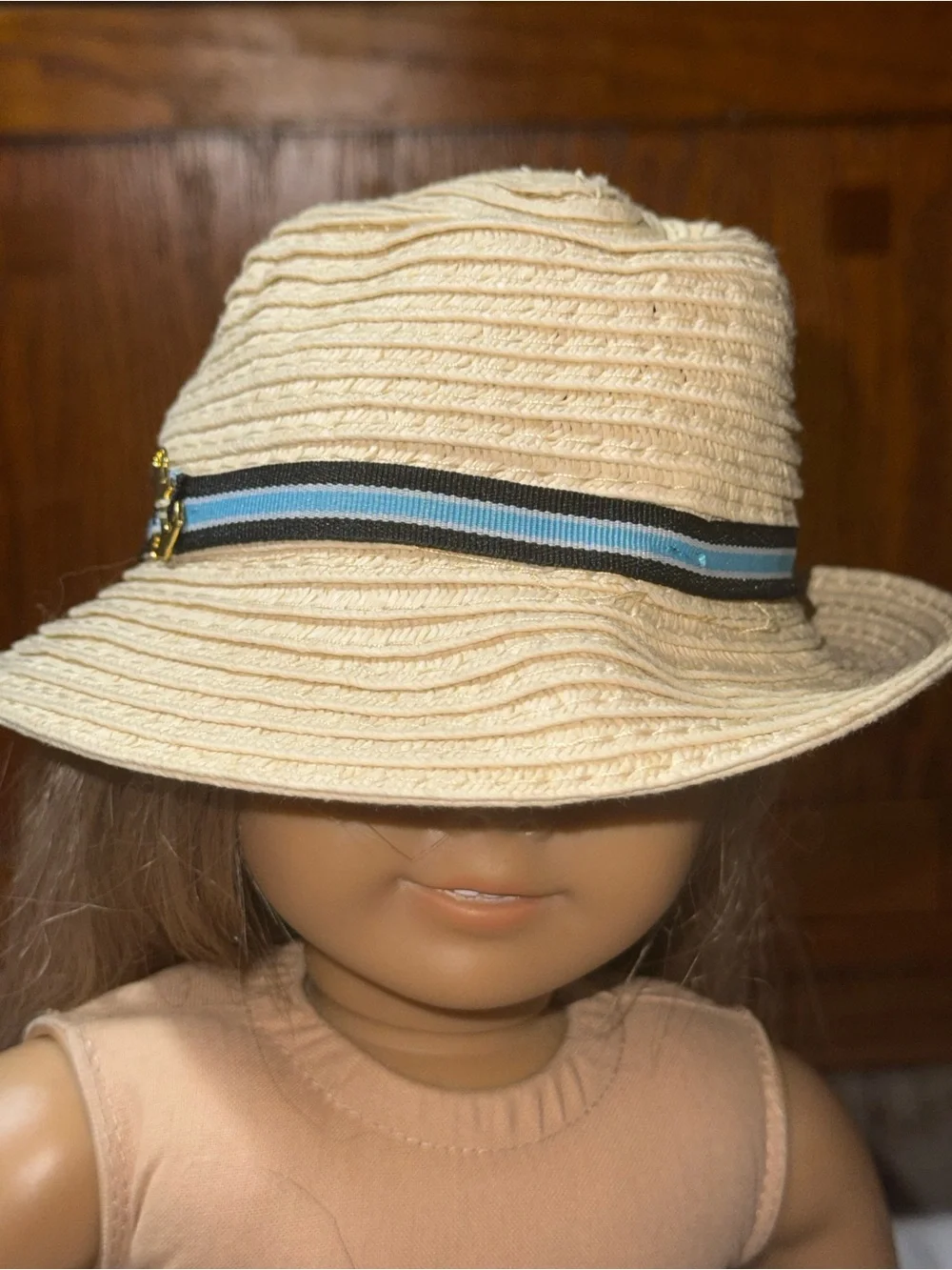 Straw sailor blue ribbon hat 18” dolls